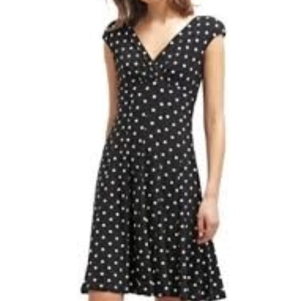 LAUREN Ralph Lauren V Neck Black/White Polka Dot Dress
